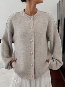 DAZY Women's Loose Casual Metal Button Cardigan, Autumn/Winter - Grey - View 4