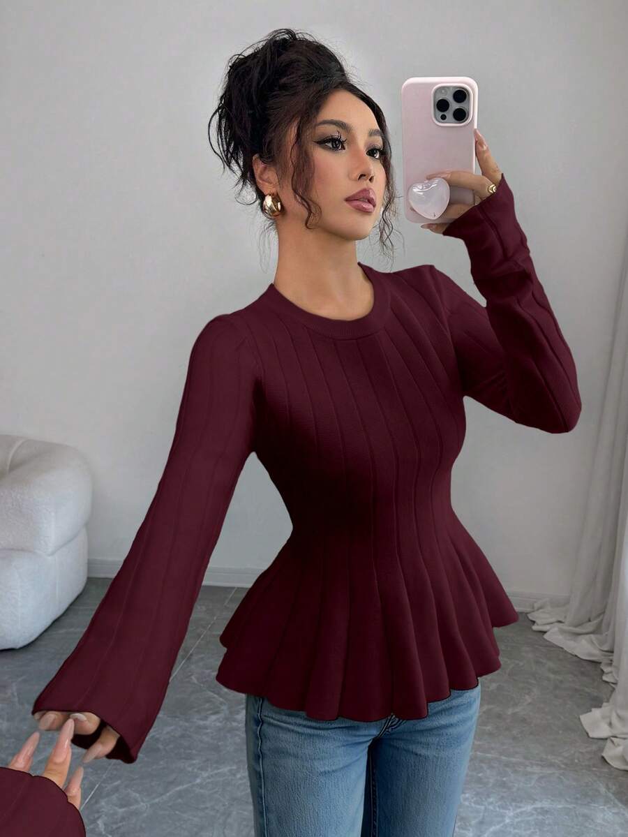 Elenzga Suéter elegante de mujer de cuello redondo ajustado, corte evasé, manga larga, unicolor, otoño - Burdeos - Ver 1