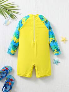 SHEIN Kids Boys Plant Print Long Sleeve Romper Swimsuit, Casual Vacation - Yellow - View 6