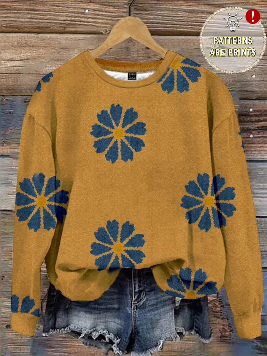 EMERY ROSE Casual Vintage Floral Print Loose Fit Crew Neck Long Sleeve Sweatshirt For Women,Casual - Multicolor - View 1