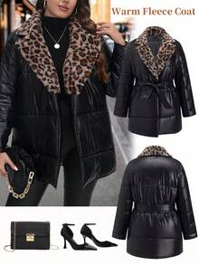 SHEIN LUNE Plus Size Quilted Coat With Leopard Furry Collar, Thick Black Top, Stylish New Year Christmas Winter - Black - View 3
