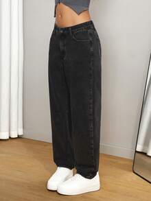 SHEIN Tall Quần jeans ống côn cạp cao thời trang bỏ túi - màu đen - Xem 4