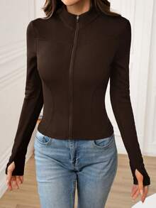 SHEIN LUNE 立领弹力抓绒修身紧身瑜伽外套，女士秋冬季防晒运动外套 - 咖啡棕 - 查看 1