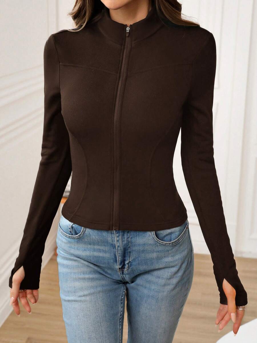 SHEIN LUNE 立领弹力抓绒修身紧身瑜伽外套，女士秋冬季防晒运动外套 - 咖啡棕 - 查看 1