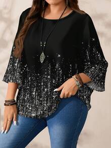 EMERY ROSE Blouse ample pour femmes grande taille, style romantique décontracté avec imprimé de motif de Noël argenté scintillant, col rond, manches 3/4 amples, noire, convient pour les sorties