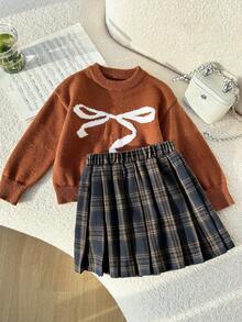 Genkimix Kids 女孩棋盘格毛衣和红色蝴蝶结点缀裙套装，百搭百搭红裙，适合万圣节、圣诞节、开学季，可爱装扮 - 棕色 - 查看 3