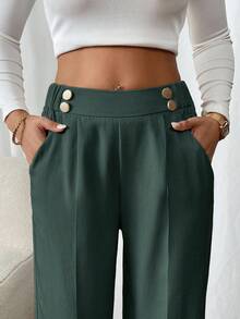 SHEIN Frenchy Quần âu ống đứng hai nút thanh lịch dành cho nữ khi đi làm - màu xanh lá - Xem 5