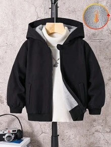 SHEIN Áo khoác trùm đầu cỡ lớn lót dày giữ nhiệt thường ngày cho bé trai, thích hợp đi học, đi nghỉ, du lịch, chơi thể thao vào mùa thu/đông - màu đen - Xem 2