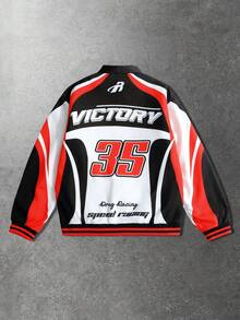 ROMWE MEN Street Life 男士赛车元素字母印花长袖夹克，适合秋冬季穿着 - 彩色 - 查看 2