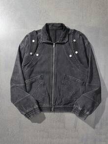 ROMWE MEN Street Life Áo khoác denim cổ điển, có khóa kéo, thường ngày cho nam, mùa thu - Xám - Xem 1