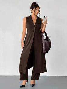 Firerie 秋冬季大码女式长款无袖西装套装 - 咖啡棕 - 查看 6