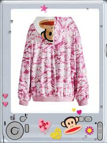 Paul Frank X ROMWE Y2K Kpop 亚文化 Baddie 街头服饰迷彩猴子印花撞色宽松连帽卫衣 - 粉色 - 查看 1