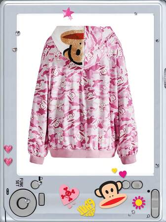 Paul Frank X ROMWE Sweat-shirt à capuche ample avec imprimé camouflage singe sur tout le vêtement, style streetwear subculture Kpop Y2K