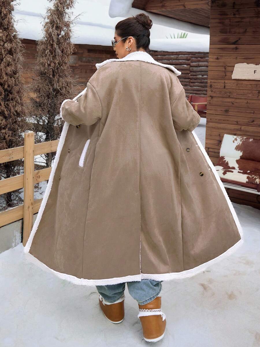 CovetEZ Plus Size Retro Fluffy Collar Long Sheepskin Coat, Autumn And Winter Fall - Khaki - View 1