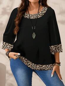 EMERY ROSE 大码女式休闲宽松浪漫豹纹圆领七分袖衬衫，黑色 - 彩色 - 查看 6