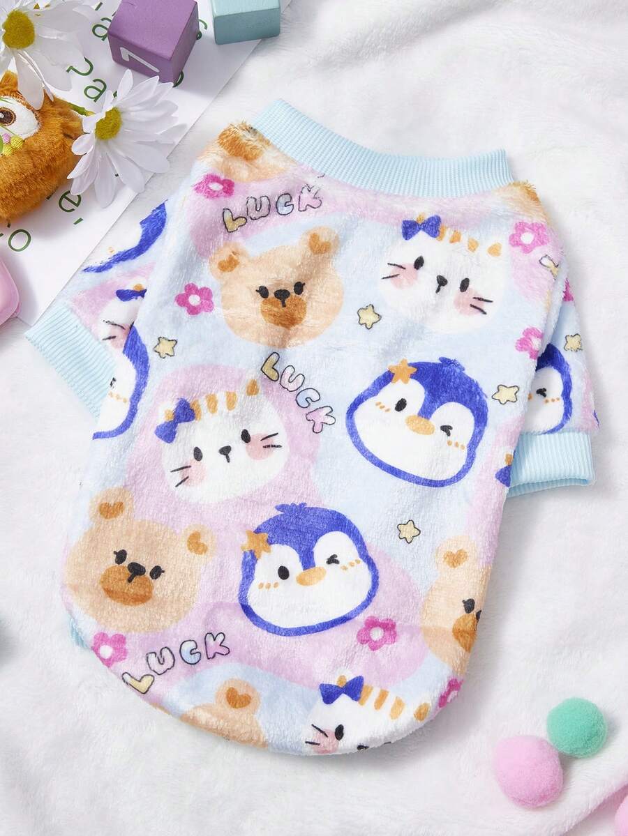 PETSIN 1 件企鹅图案法兰绒宠物服，厚实保暖的蓝色法兰绒宠物服装 - 藍色 - 查看 1