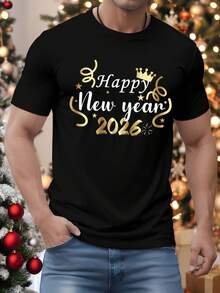 Manfinity Homme 2026 Happy New Year Gold Ribbon Slogan Fashion Casual Print Men's Standard Fit Short Sleeve T-Shirt, Warm Family Atmosphere Matching Parent-Child/Couple - Black - View 3