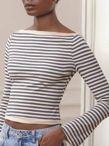 lacRébo Navy Blue Stripe Boat Neck Rib Knit Long Sleeve Top Cute Chic Top French Style Top Classic Stripe Top Spring Summer Daily Outfits French Style Top Cropped Top Long Sleeve Crop Top Striped Long Sleeve Top - Multicolor - View 4