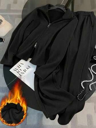 Franclia 2025秋冬新款休闲运动套装女时尚修身简约抓绒拉链连帽衫和阔腿裤两件套