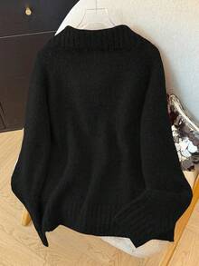 Franclia French Retro Minimalist Casual Versatile Commute Vacation Daily Wear Stand Collar Metal Button Loose Fit Sweater For Women, Earth Tone Deep Brown, Spring/Autumn/Winter - Black - View 2