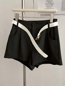 Airaco Pantaloni scurți casual de culoare solidă pentru femei, versatili pentru naveta, vară - Negru - Vizualizare 4