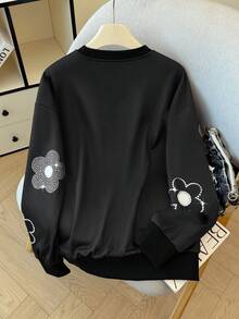 GlowEve Stylish Black Pullover Sweatshirt For Women Featuring Rhinestone And White Flower Patterns Regular Fit And Long Sleeves, Suitable For Daily Wear - Black - View 2
