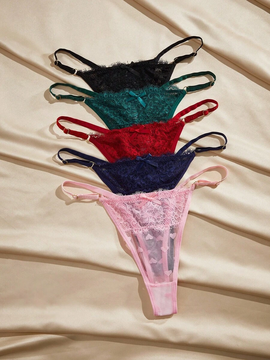 Charlaine 5条/包 女士低腰蕾丝丁字裤，随机心形图案 - 彩色 - 查看 1