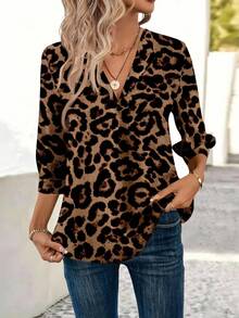 SHEIN LUNE Camisa de oficina de uso casual y minimalista con estampado de leopardo, adecuada para otoño/invierno - Multicolor - Ver 5