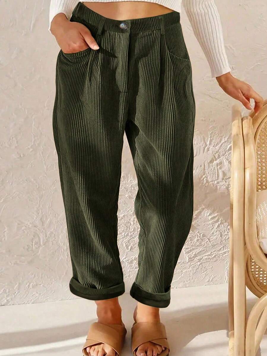 SHEIN LUNE 女士加大码常规灯芯绒直筒裤,冬季 - 軍綠色 - 查看 1