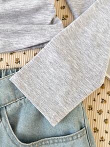 SHEIN 少女针织长袖T恤，时尚百搭休闲基础款 - 淺灰色 - 查看 3