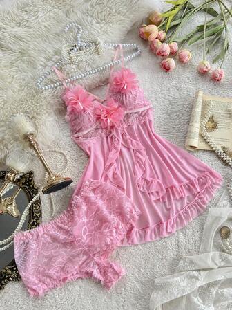 PetitDoll Conjunto de lencería sexy transparente con detalles de encaje, contraste de malla, volantes y decoración floral 3D para mujer