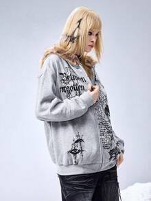 ROMWE EDITION Áo nỉ dáng rộng in họa tiết biểu tượng mạng Y3K, phối lông giả, cổ áo lông thú, dành cho nữ. - Xám - Xem 5