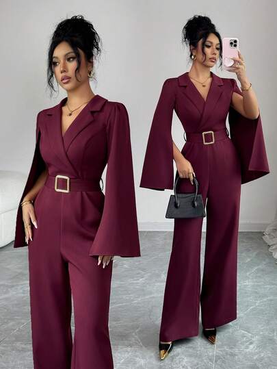 Elenzga 这款女士优雅休闲连体裤融合了法式浪漫西西里风情，适合通勤、度假、下午茶、圣诞节和高级派对等场合。产品特点：纯色、翻领、交叉领口、开衩设计、金属D形环腰带、长袖、长款。