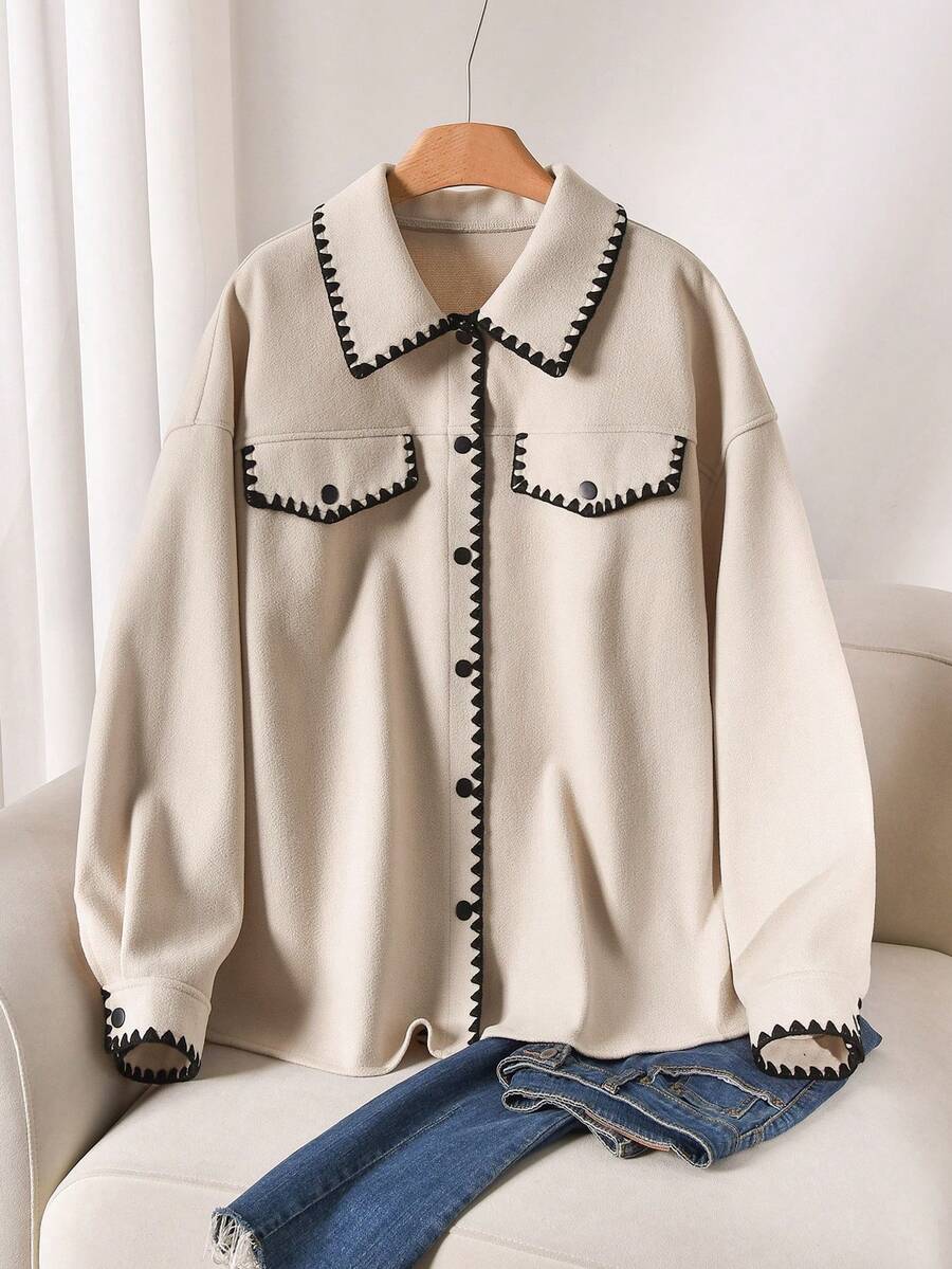 CosyJoli Chaqueta casual holgada de manga larga con un solo botón y adorno floral para mujer de talla grande - Albaricoque - Ver 1
