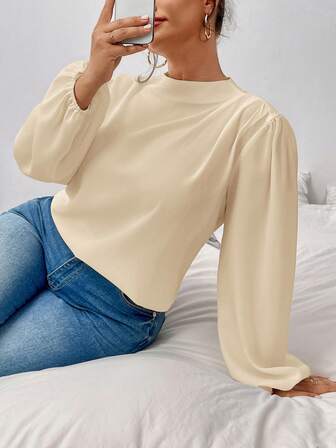 SHEIN Privé 大码女式优雅通勤办公百搭立领褶皱肩部长袖泡泡袖衬衫，秋冬款