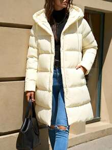 EURMUSE Two-Tone Hooded Pocket Zip-Up Mid-Length Padded Coat - Cream - View 1