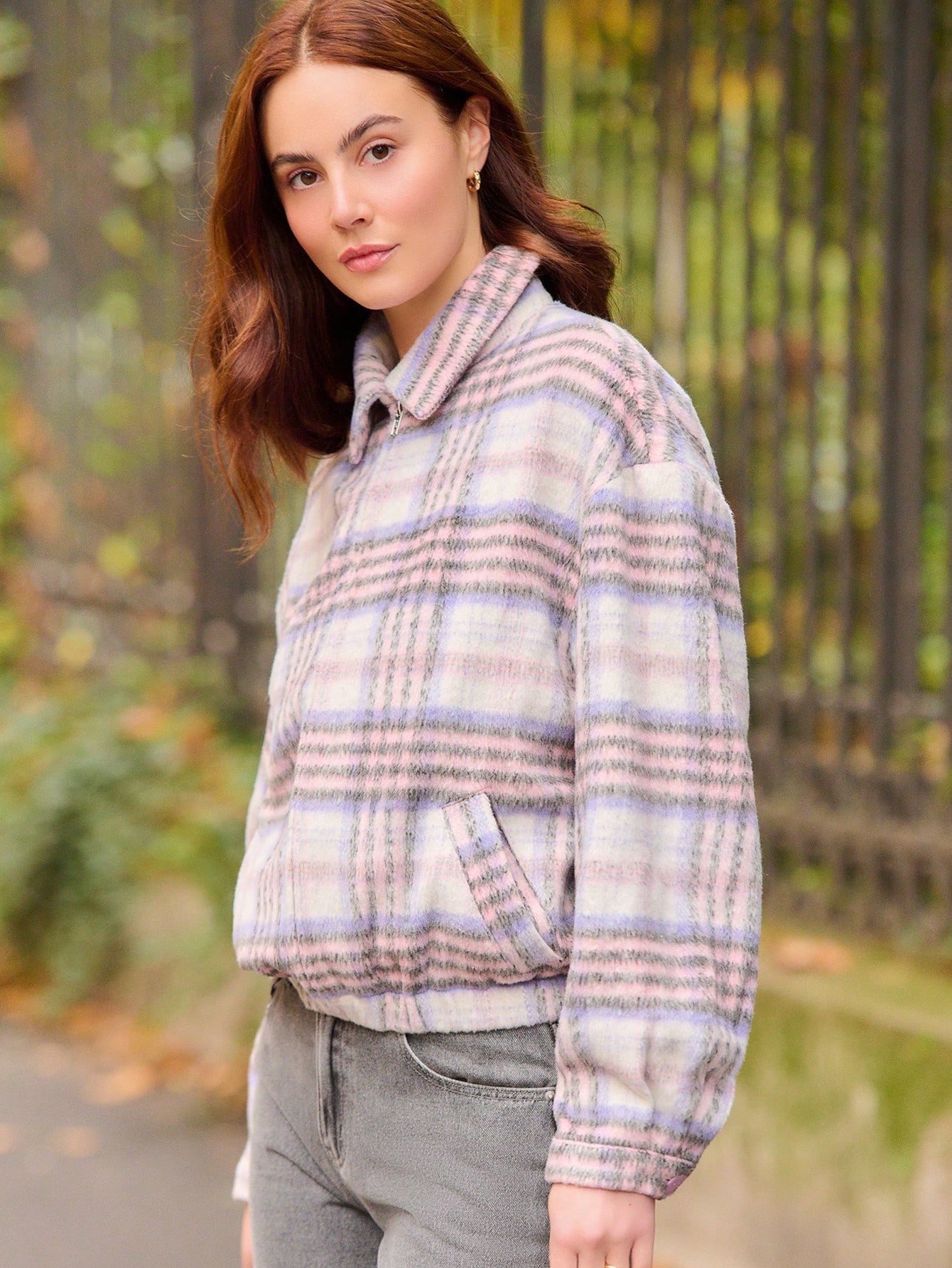 Pink Check Print Zip Front Woolen Bomber Jacket Winter Vintage Style Pink Plaid Jacket Spring Summer Going Out