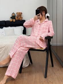 Pink Plaid Lapel Collar Top & Pants Pajama Set, Winter Clothes