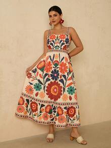 Travachic 大码女式杏色热带花卉印花连衣裙，长吊带连衣裙，适合早春穿着 - 杏色 - 查看 8