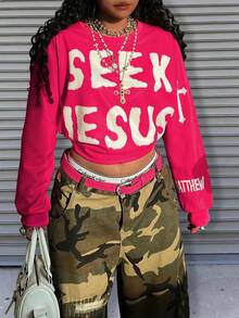 Rovax Women's Letter Applique Long Sleeve Zipper Front Casual Hoodie - Hot Pink - View 4