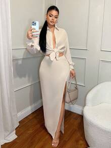 SHEIN SXY 2件套 女士都市休闲度假通勤装 米色亚麻质感短款系带长袖衬衫上衣和高腰高开衩半裙，春夏款 - 卡其色 - 查看 3