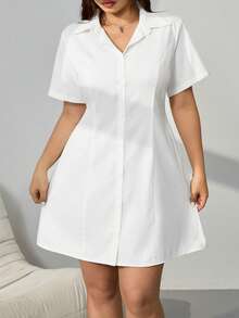 SHEIN EZwear 大码修身短袖衬衫裙，适合春夏过渡季节穿着 - 白色 - 查看 1