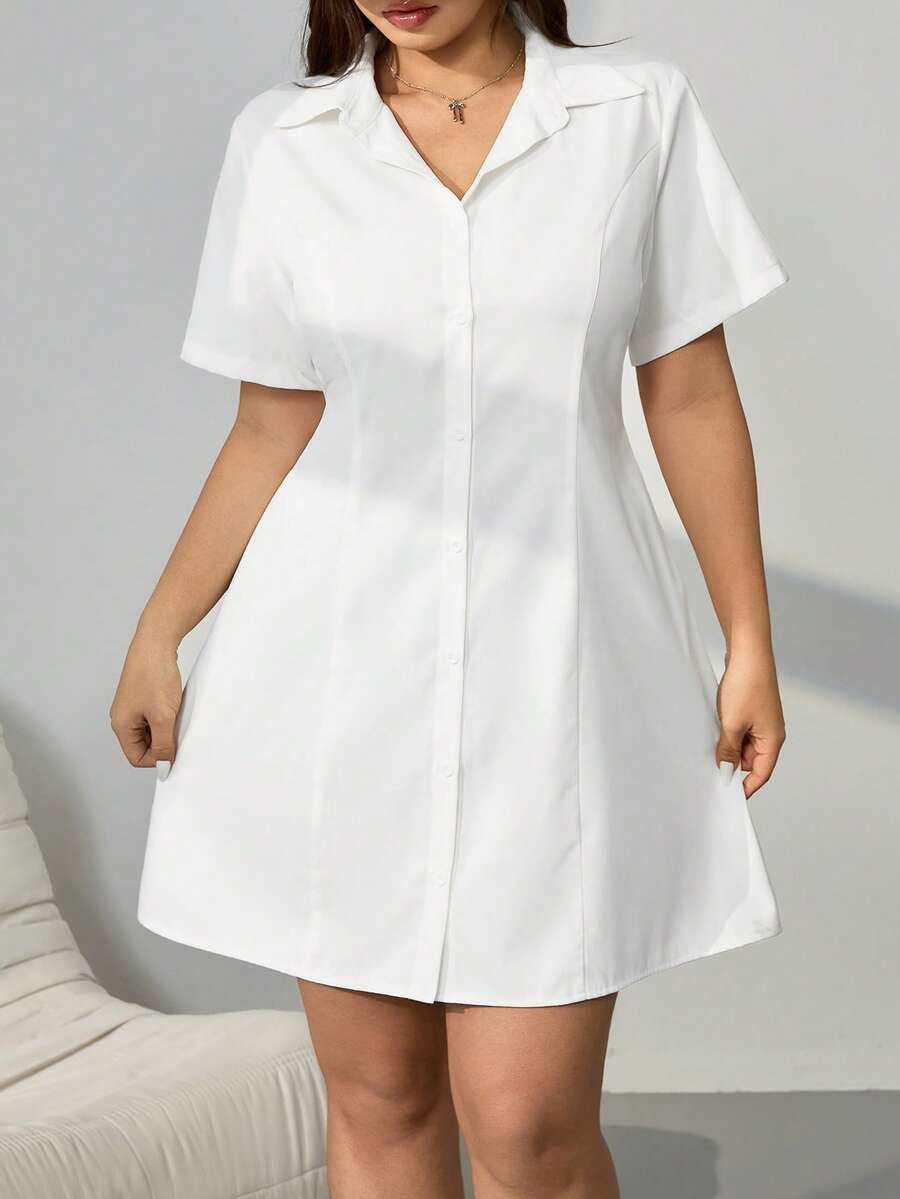 SHEIN EZwear 大码修身短袖衬衫裙，适合春夏过渡季节穿着 - 白色 - 查看 1