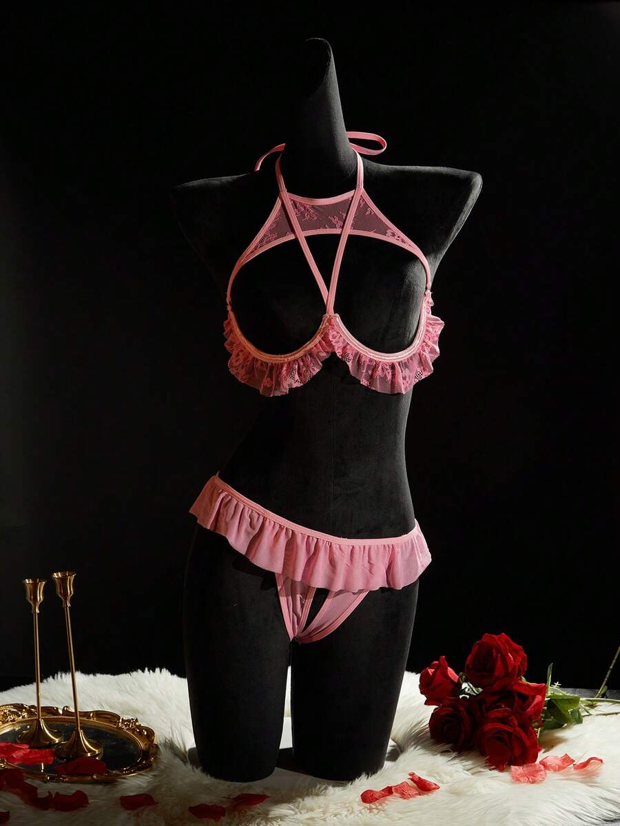 SpicyHot 2pcs Women's Sexy Lace Lingerie Set - Pink - View 1