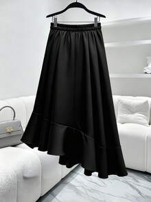 GlowEve CURVE Plus Size Women's Solid Color Pleated 3D Floral Asymmetrical Skirt, Romantic & Elegant For Parties - Black - View 2