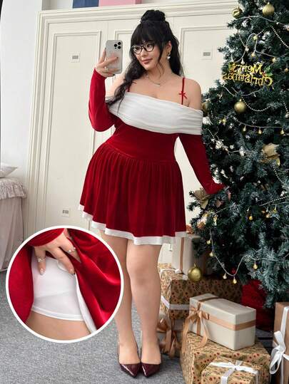 CovetEZ Plus Size Christmas Red & White Color Block Jumpsuit Dress/Winter Women Plus Dress Plus Size Off The Shoulder Dress