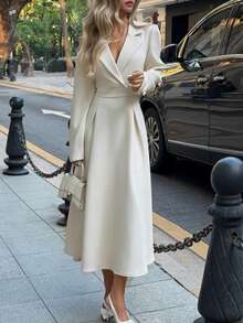 Elyressa Váy chữ A tay dài cổ bẻ thanh lịch, phù hợp mặc thường ngày, đi làm, những dịp trang trọng và đi chơi - Màu be - Xem 5