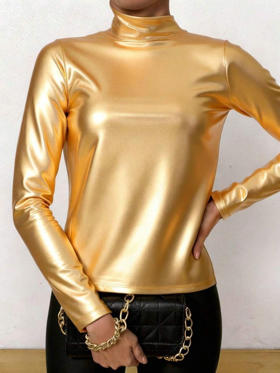 Mujer blusa elegante estilo moderno acabado metálico brillante diseño ajustado cuello alto manga larga otoño invierno fiestas blusa - Dorado - Ver 1
