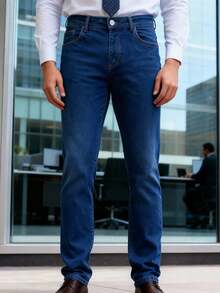 Nuevo 2025, ropa masculina de alta calidad, azul, azul claro, azul oscuro, pantalones vaqueros de cintura media y recta, tejidos pesados para viajes de Negocios diarios, primavera, otoño e invierno, reuniones de negocios, necesidad de vestuario - Azul medio - Ver 3