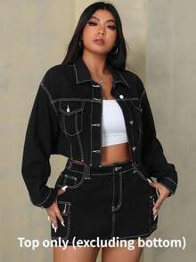 SHEIN ICON Plus Size Women's Spring Autumn Drop Shoulder Loose Casual Denim Jacket - Black - View 1